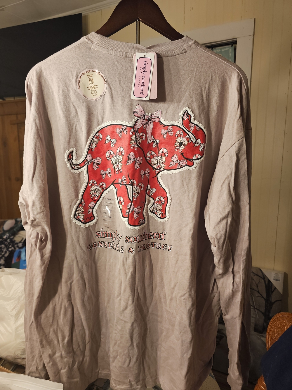 Simply Southern Light Pink Long Sleeve Tee with Red Floral Elephant Graphic